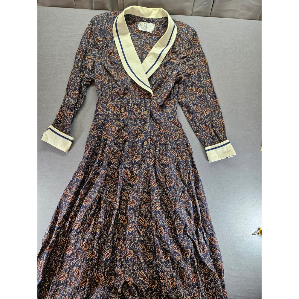 Nancy Johnson Vintage Paisley Midi Dress Navy Cream Shawl Collar Cuffs Size 14